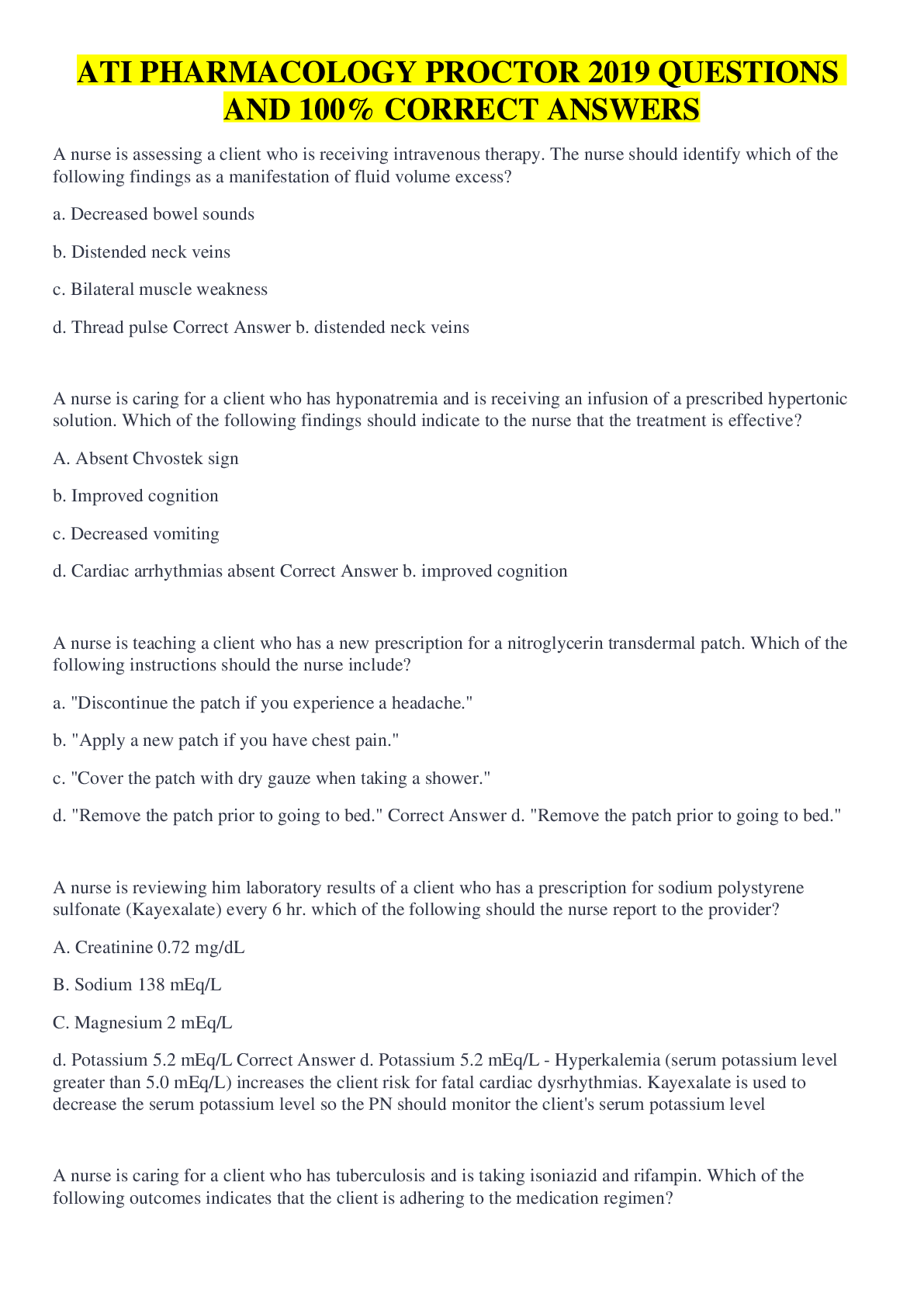 Preview of ATI PHARMACOLOGY PROCTOR 2022 QUESTIONS AND 100% CORRECT ANSWERS